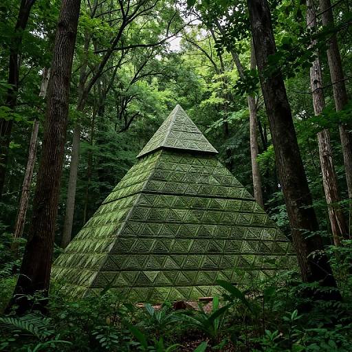 Photograph of a moss-covered, geometrically patterned pyramid structure nestled in a dense, vibrant green forest with towering trees.