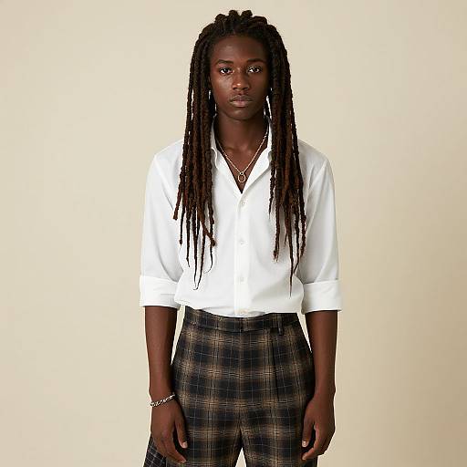 Photograph of a young Black man with long dreadlocks, wearing a white button-up shirt, plaid pants, and a silver bracelet, standing against