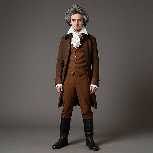 Photograph of a male doll dressed in an 18th-century brown suit with white cravat, black boots, and powdered gray hair, standing