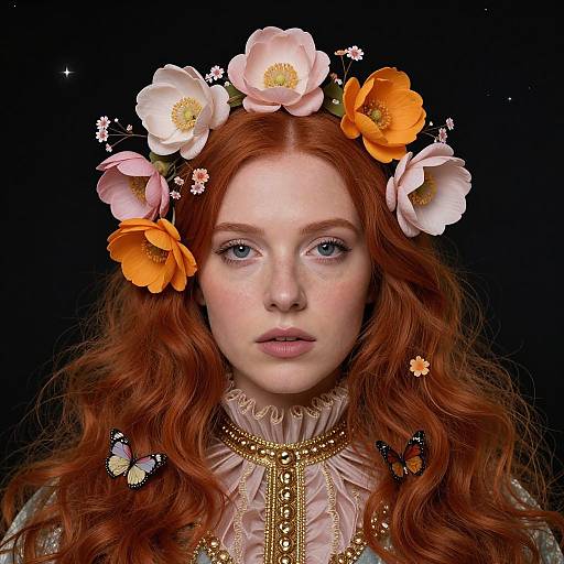 Photorealistic portrait of a fair-skinned, red-haired woman with a floral crown, orange and white flowers, butterflies, and an ornate lace