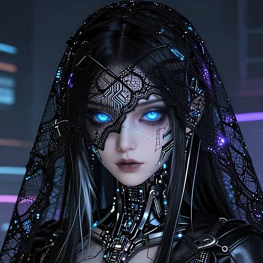 Digital art of a cyberpunk woman with glowing blue eyes, black lace veil, and intricate metallic face patterns, set against a dark, neon-lit