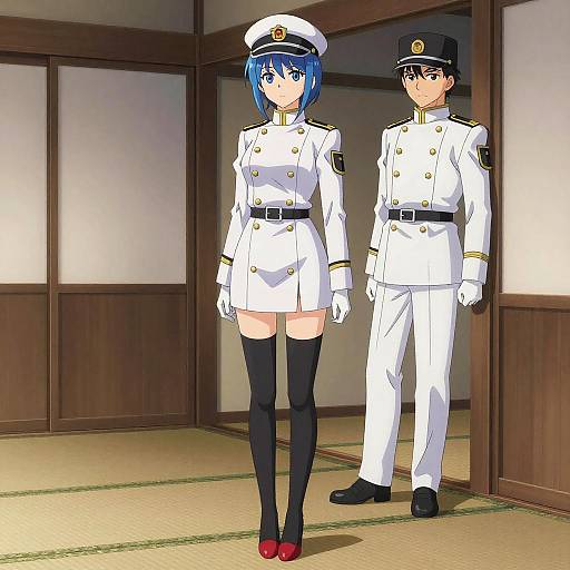 Anime Characters in White Military Uniforms Indoors