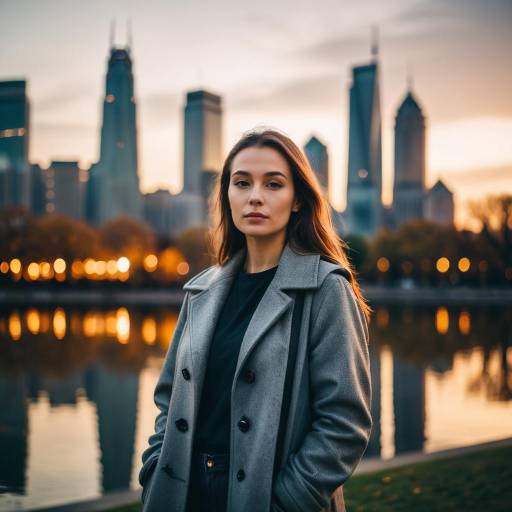 Young Woman with City Skyline at Sunset