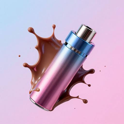 Photorealistic digital image of a metallic purple and blue spray can with brown liquid splash against gradient pink to blue background.