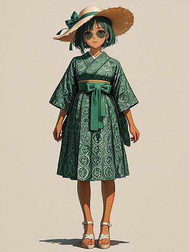 Young Woman in Emerald Wrap Dress and Straw Hat