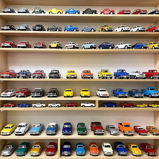 Photograph of a wooden shelf filled with colorful, miniature, plastic toy cars arranged in rows, each shelf displaying a variety of car models.