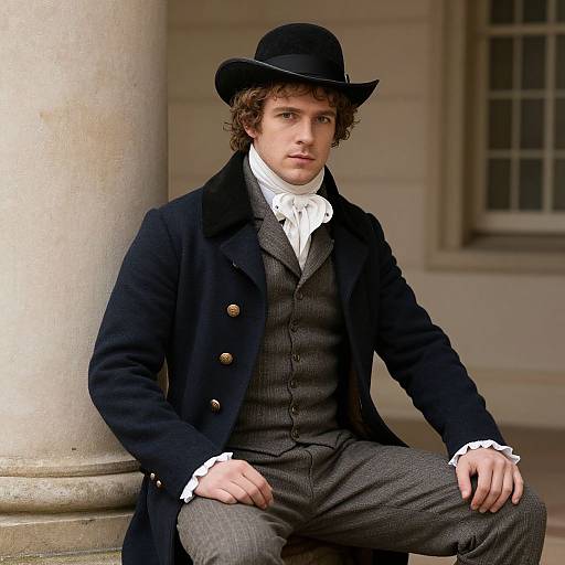 Photograph of a young man with curly brown hair, fair skin, and blue eyes, wearing a black hat, dark coat, gray vest and trousers
