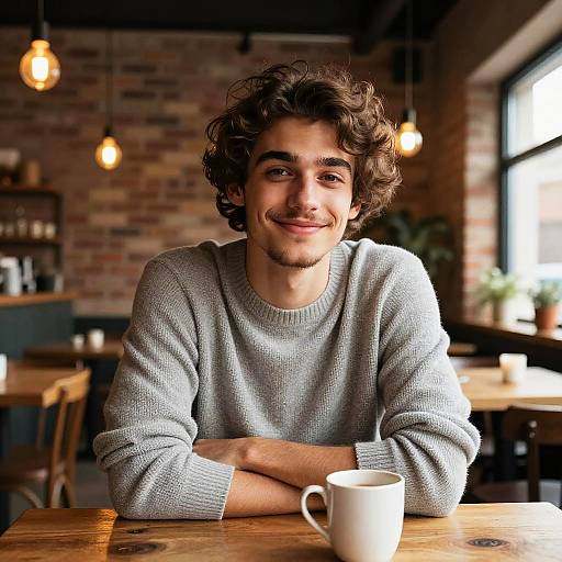 Photograph of a smiling young man with curly brown hair, wearing a gray sweater, sitting at a wooden cafe table with a white mug. Warm light