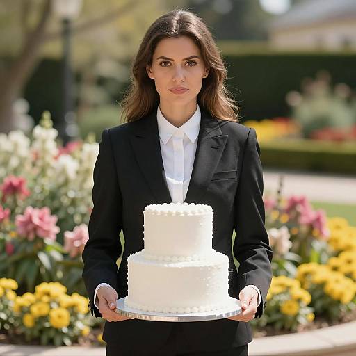 Woman in Black Suit Holding White Two-Tier Cake Outdoors