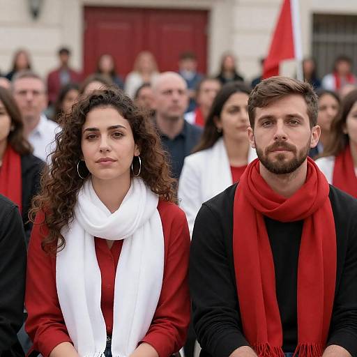Two people seated in front of attentive crowd