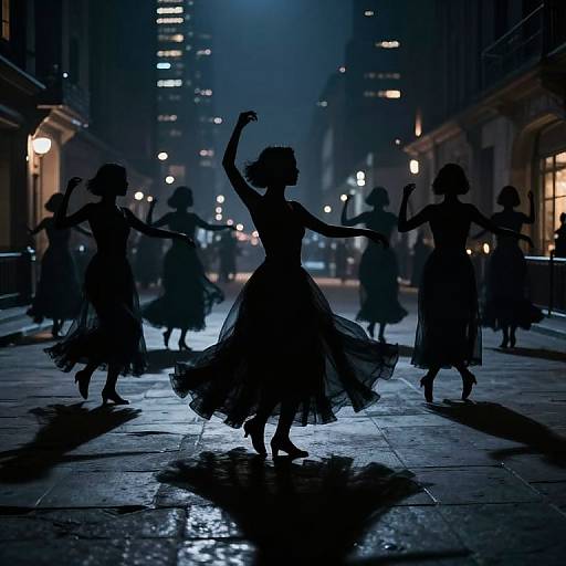 Photograph of silhouetted dancers in flowing dresses performing in a dimly lit, urban street at night, illuminated by city lights.