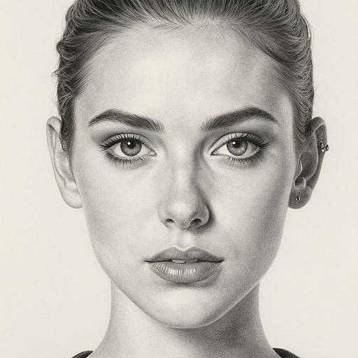 Black and white digital drawing of a young woman with piercing eyes, defined eyebrows, and sleek hair, gazing directly at the camera.