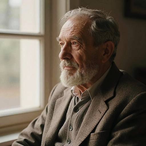 Photograph of an elderly white man with gray hair and beard, wearing a brown tweed suit, sitting near a sunlit window.