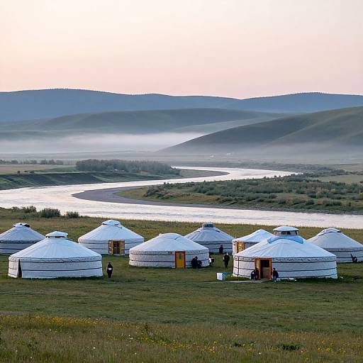 Photograph of six white, circular yurts with wooden doors, set in a grassy, hilly landscape with a winding river and misty