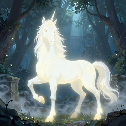 Digital artwork of a glowing white unicorn with a luminescent mane and tail, standing in a mystical, foggy forest with ancient stone pillars and moon