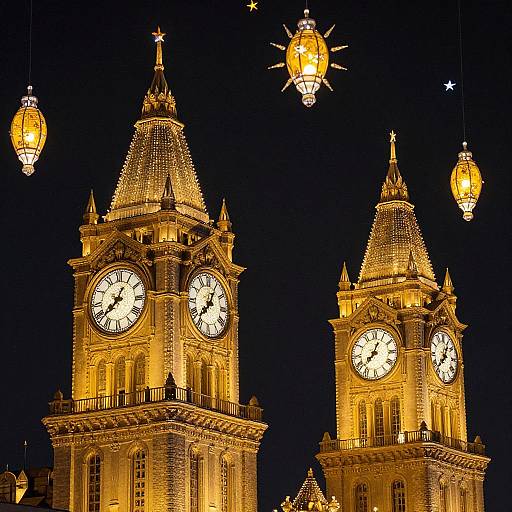 Nighttime photograph of two ornate clock towers illuminated with golden lights, adorned with hanging lanterns, against a dark blue sky.