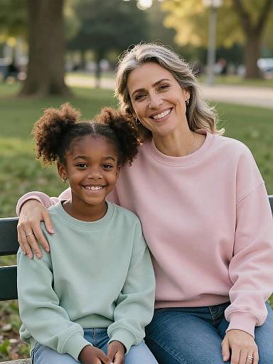 Mother and Daughter Sitting on Park Bench