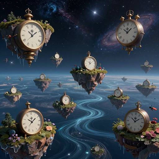 Fantastical digital artwork: floating, ornate clocks with greenery and flowers, suspended in a cosmic, starry night sky over a glowing blue