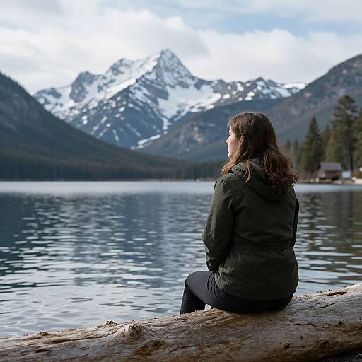Photograph of a woman with brown hair, wearing a green jacket, sitting on a log by a serene lake, with snow-capped mountains and ever