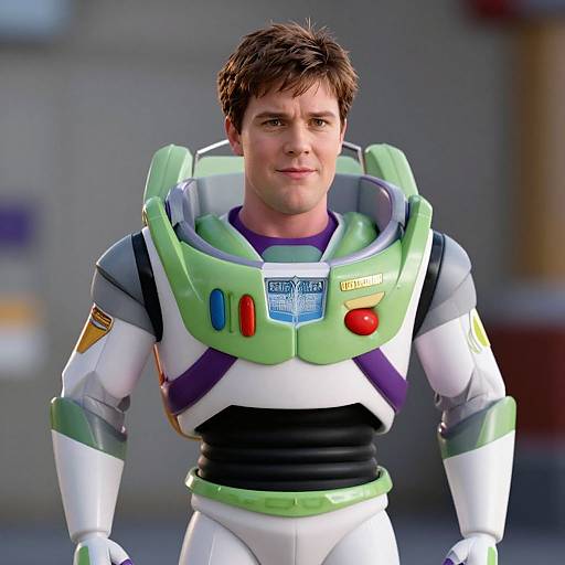CGI image of a handsome, brown-haired man in a futuristic, green and white astronaut-like suit with colorful buttons, standing confidently.