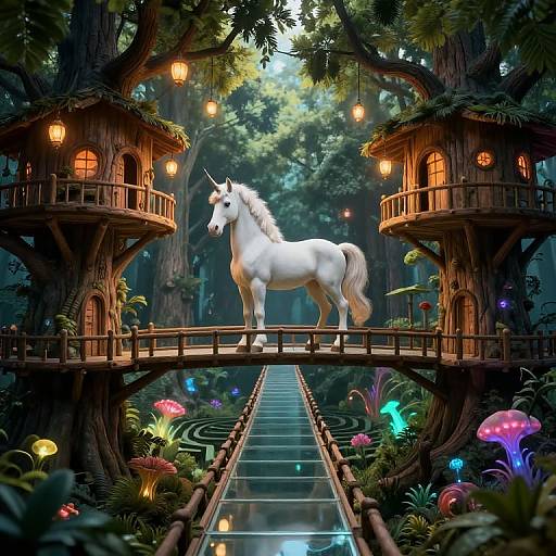Digital fantasy art: White unicorn standing on wooden bridge between two glowing, fairy-tale wooden houses in enchanted forest with colorful mushrooms and luminescent plants