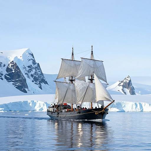 Photograph of a vintage sailing ship with white sails navigating icy waters, surrounded by snow-capped mountains under a clear blue sky.