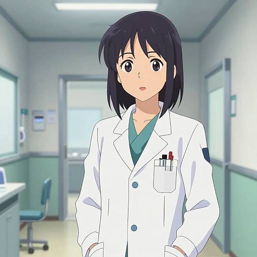 Anime-style digital illustration of a black-haired female doctor in a white lab coat with pens in the pocket, standing in a bright, clinical hallway.