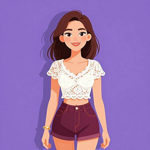 Digital illustration of a smiling young woman with brown hair, wearing a white lace crop top and high-waisted dark purple shorts, against a solid purple