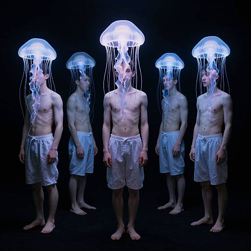 Photograph of five shirtless men wearing white shorts, each with a glowing blue jellyfish on their head, floating against a black background.