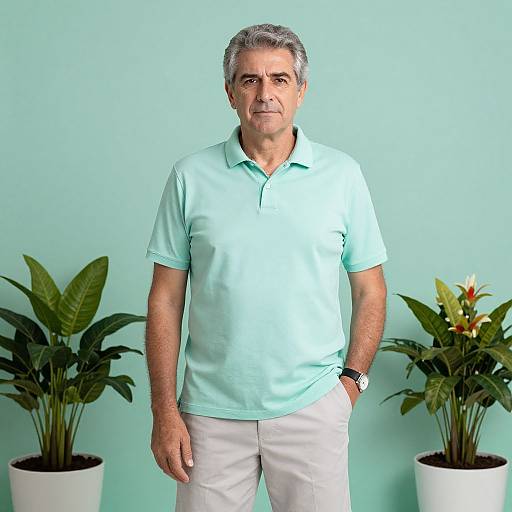 Photograph of a middle-aged man with gray hair, wearing a light blue polo shirt and white pants, standing in front of a mint green wall with