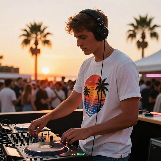 Photograph of a young man with curly brown hair, wearing a white t-shirt with a sunset and palm tree graphic, DJing at a sunset beach