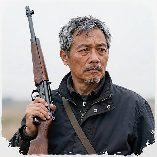 Stern Middle-Aged Man with Rifle