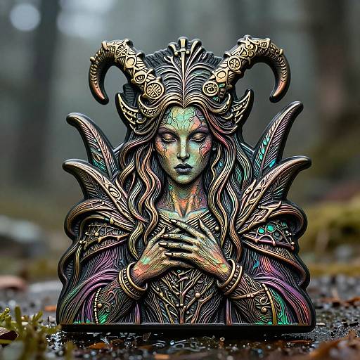 Digital art of a mystical, horned female figure with intricate, colorful armor and flowing hair, hands clasped, set in a foggy forest.