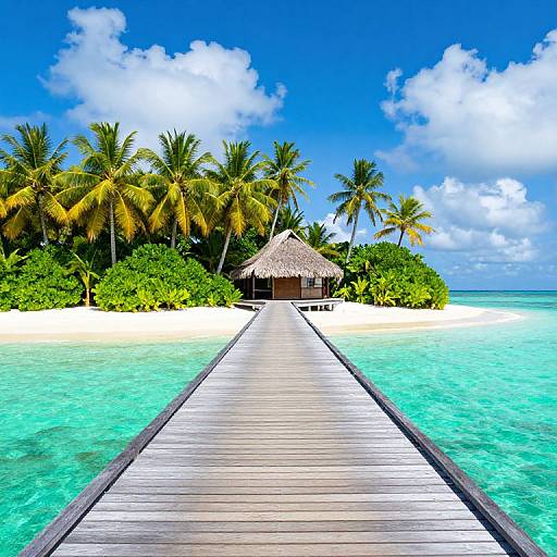 Photograph of a tropical island with a wooden pier leading to a thatched-roof hut, surrounded by turquoise water, white sand, and lush palm