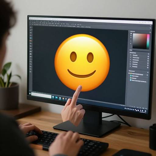 Photograph of a person with curly hair clicking on a large, yellow smiley face emoji on a computer screen in a modern workspace.