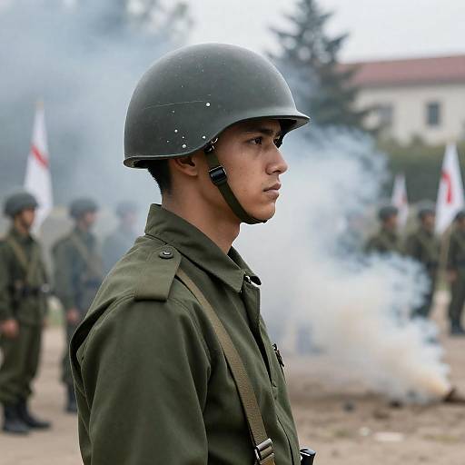 Serious Soldier Amidst Formation and Smoke