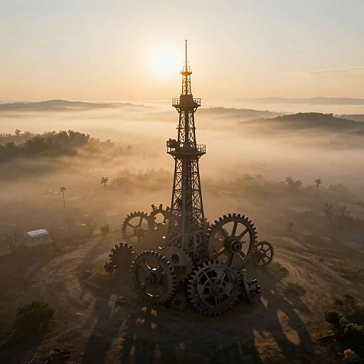 Photograph of a sunlit, mist-covered landscape featuring a tall, metallic structure with large gears, surrounded by scattered trees and distant hills.