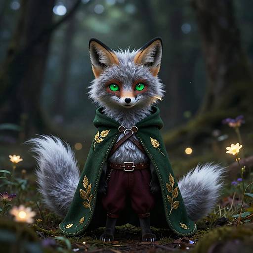 Digital art of a cute, green-eyed, fluffy fox with a dark green cloak adorned with gold leaves, standing in a mystical forest with glowing flowers.