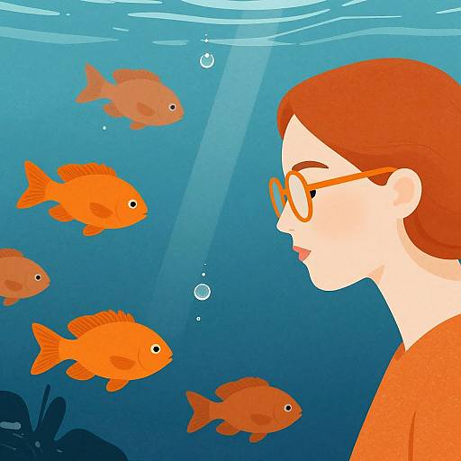 Digital illustration of a red-haired woman in orange glasses, underwater, surrounded by bright orange fish, with light beams and bubbles.