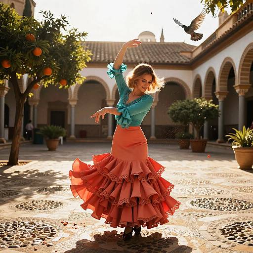 Photograph of a smiling woman in a blue top and red ruffled skirt dancing in a sunlit courtyard with orange tree and bird.