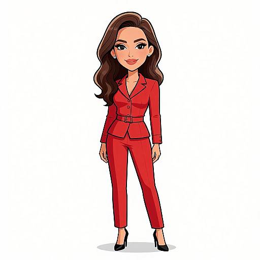 Digital cartoon of a confident woman with long brown hair, wearing a red blazer and pants, black heels, and a necklace, standing against a white