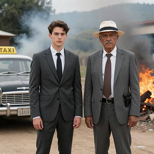 Dramatic Outdoor Duo with Vintage Car
