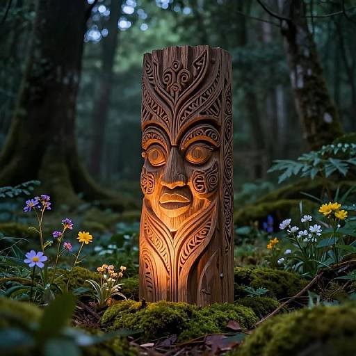 Photograph of a glowing, intricately carved wooden mask with a fierce face, surrounded by vibrant forest flowers and moss in a dimly lit forest.
