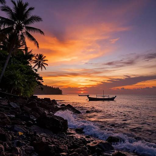 Photograph of a vibrant sunset over a rocky shoreline with a traditional wooden boat silhouetted against orange and purple skies, palm trees on the left