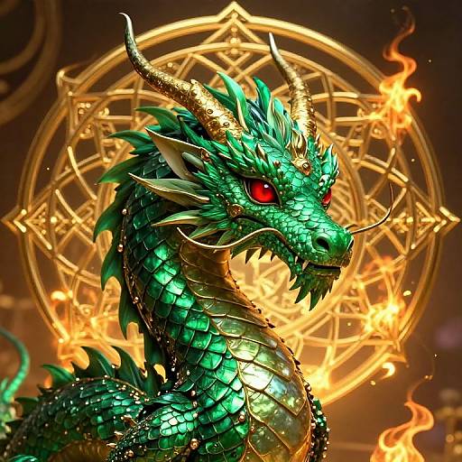 Digital artwork of a fierce, green-scaled dragon with red eyes and golden horns, set against a glowing, magical pentagram background with flames.