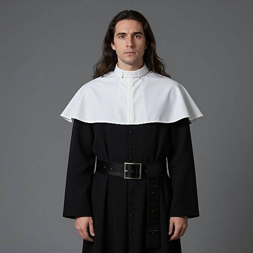 Photograph of a young Caucasian man with long dark hair, wearing a black clerical robe with a white zucchetto and black belt, standing