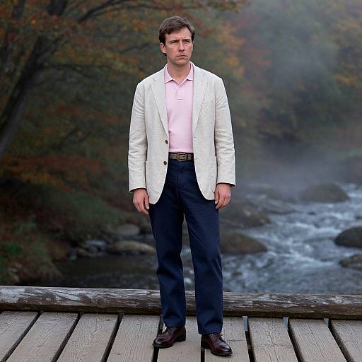 Photograph of a serious Caucasian man in a white blazer, pink shirt, and dark pants standing on a wooden bridge, foggy forest background with