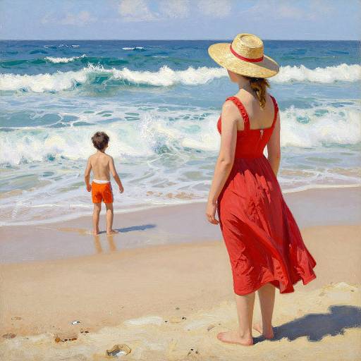 Photograph of a woman in a red dress and straw hat watching a shirtless boy in orange swim trunks play in the ocean waves. Bright,