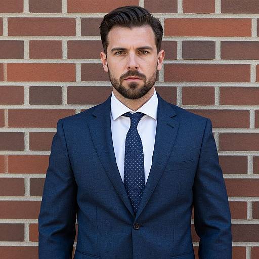 Handsome Man in Blue Suit Against Brick Wall