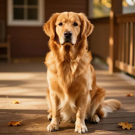 Photograph of a golden retriever with lush, golden fur sitting on a sunlit wooden porch with autumn leaves scattered around.